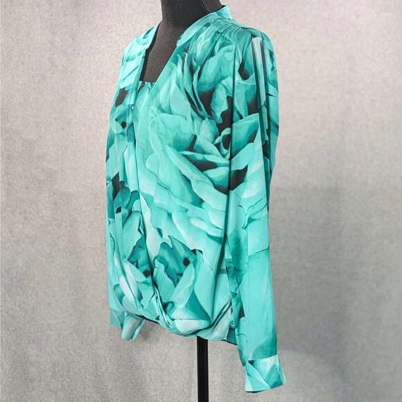 Alfani Floral Crossover Top Green Aqua Black Long Sleeve Roll Tab Size 8 - Picture 14 of 15